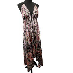 Flower Maxi Halter Dress Satin Paisley Black Pink Flowy Asymmetrical One Size